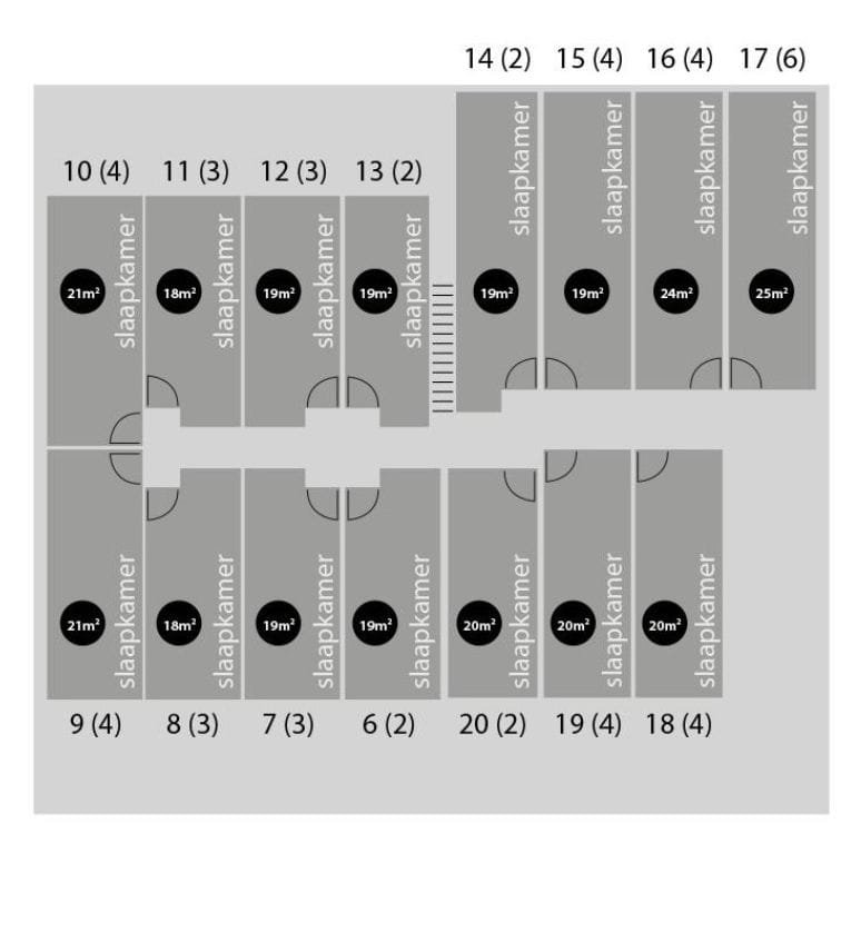 groepsaccommodatie-nijmegen-groesbeek-120-personen-36-slaapkamers-plattegrond2 Plattegrond 1e verdieping (kamers 6-20), Groepsaccommodatie Big Hill