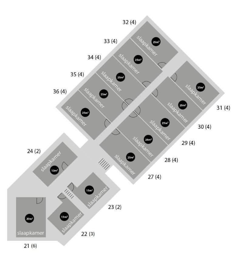 groepsaccommodatie-nijmegen-groesbeek-120-personen-36-slaapkamers-plattegrond3 Plattegrond 1e verdieping (kamers 20-36), Groepsaccommodatie Big Hill